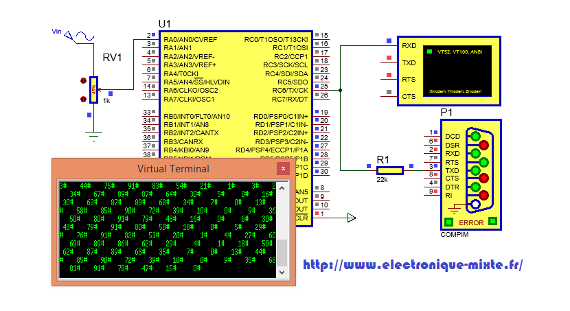 Projet électronique Oscilloscope numérique à base du microcontrôleur PIC18F4680 à liaison série RS232 matlab schéma