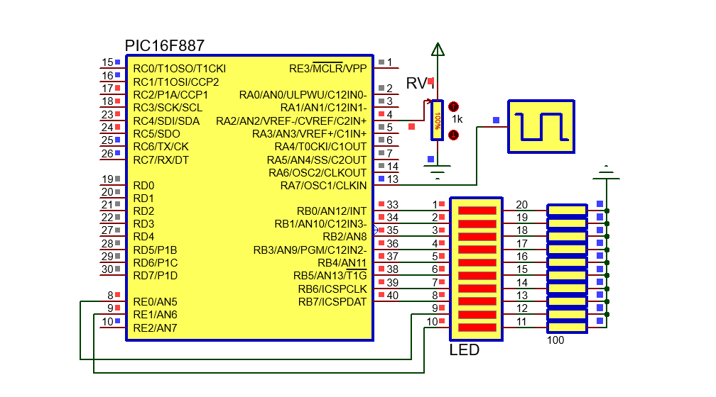 Clignotant à LED PIC 16F887 et ADC rapport 100