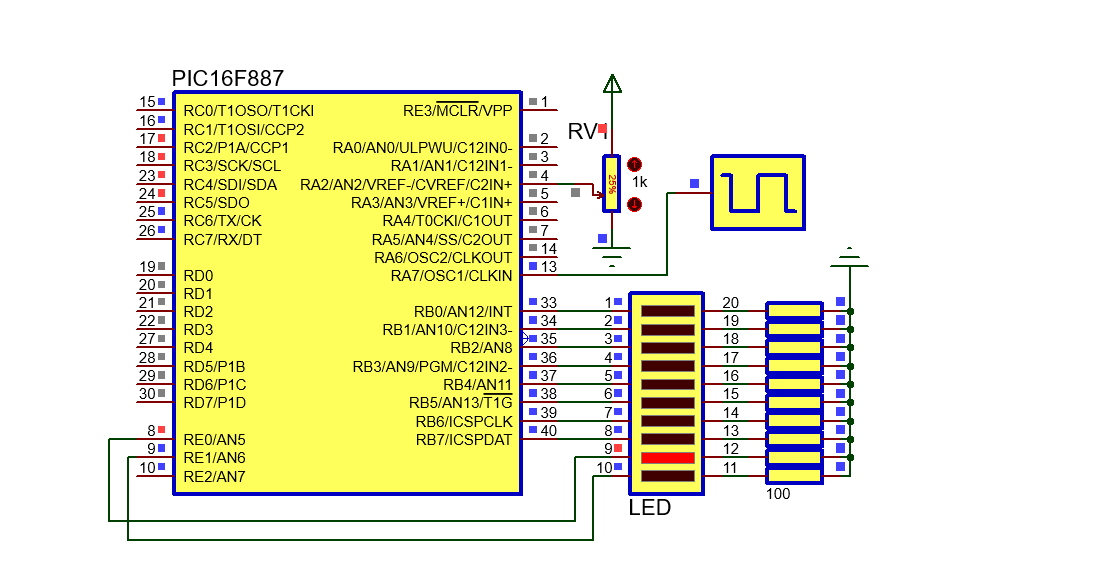 Clignotant à LED PIC 16F887 et ADC rapport 25