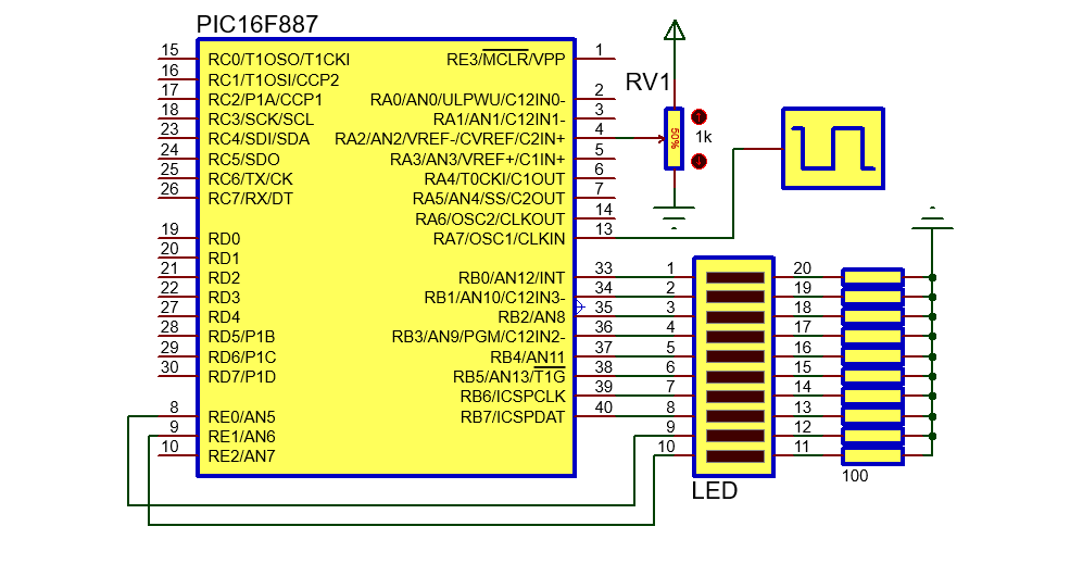 Clignotant à LED PIC 16F887 et ADC schéma